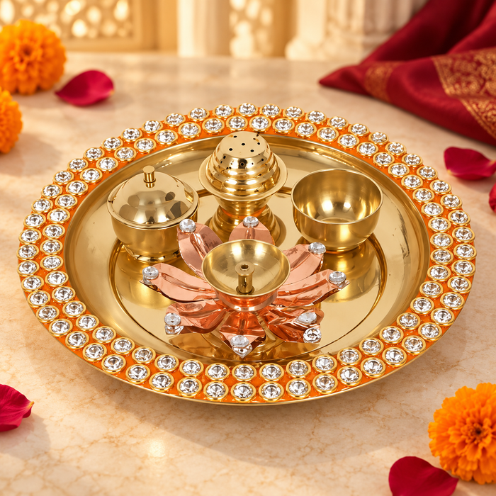 Red Meenakari Crystal Pooja Thali Set of 5 – Gold Finish with Floral Centerpiece