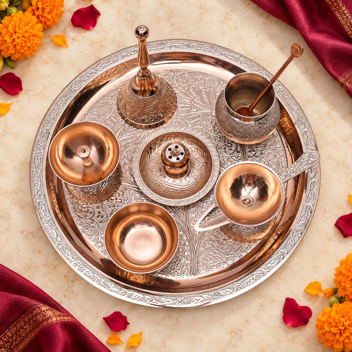 Brass Pooja Thali Set – Rose Gold Finish with Royal Wooden Gift Box