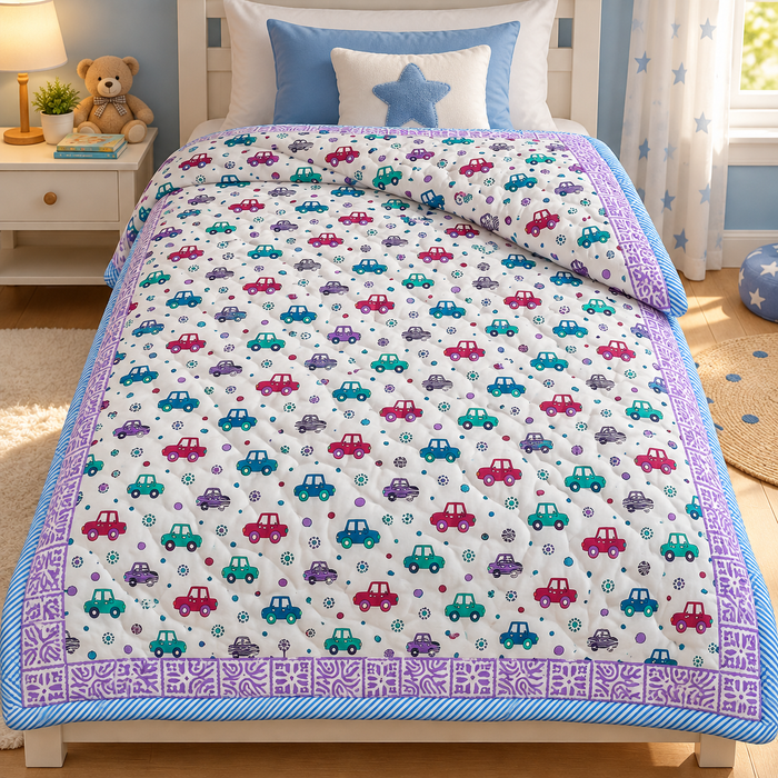 Colourful Cars Print Soft Malmal Kids Single Bed Razai – 100% Cotton