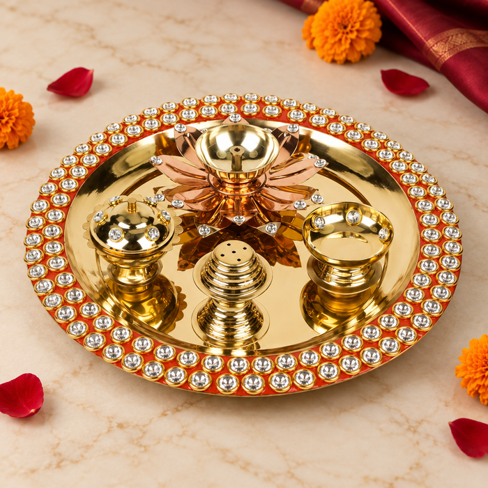Red Meenakari Crystal Pooja Thali Set of 5 – Gold Finish with Floral Centerpiece