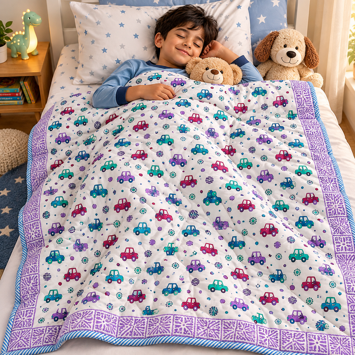 Colourful Cars Print Soft Malmal Kids Single Bed Razai – 100% Cotton