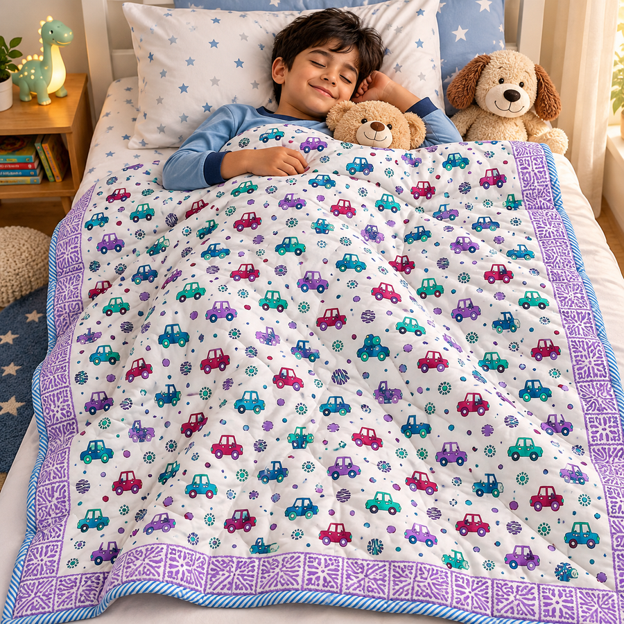 Colourful Cars Print Soft Malmal Kids Single Bed Razai – 100% Cotton