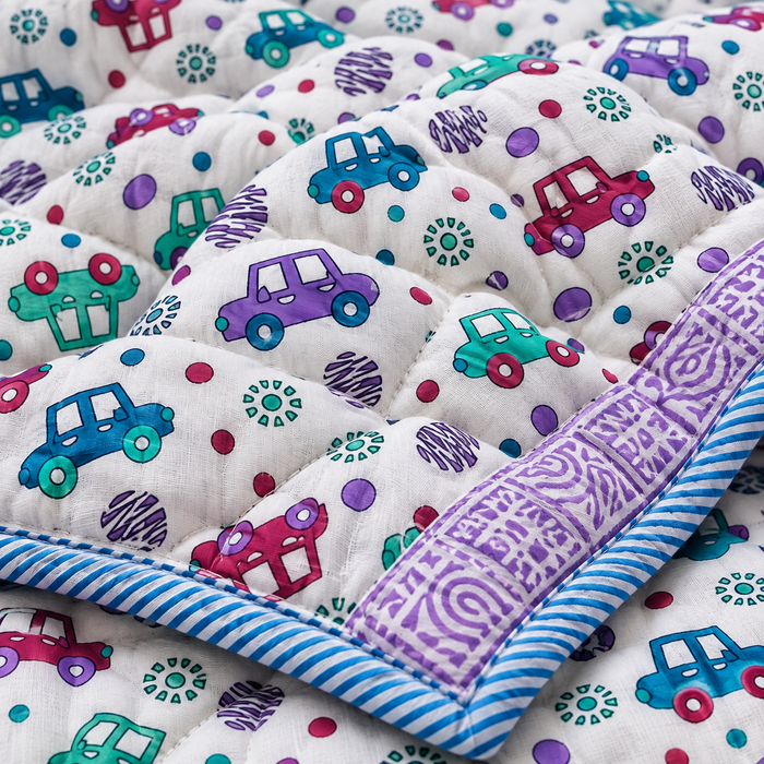 Colourful Cars Print Soft Malmal Kids Single Bed Razai – 100% Cotton