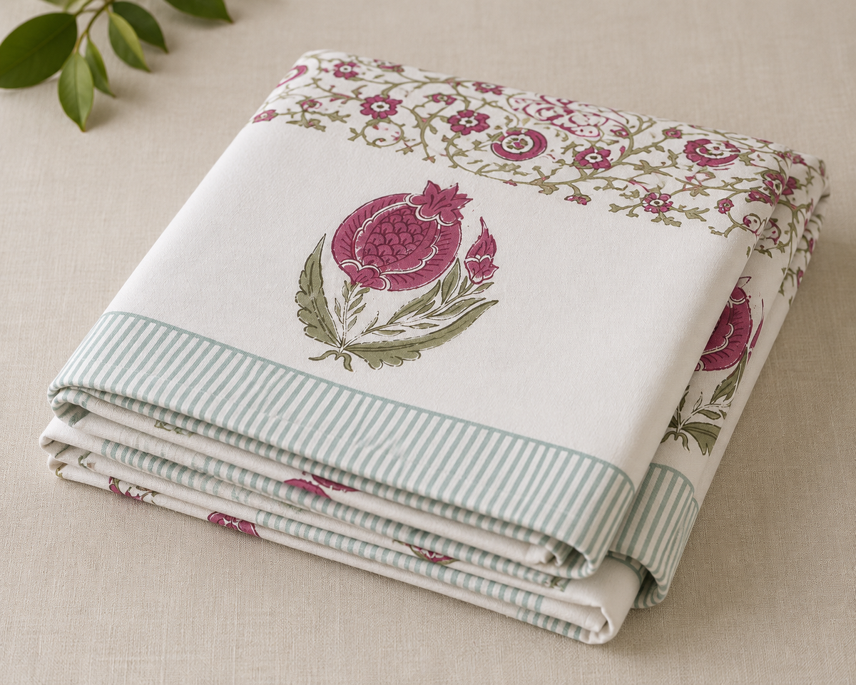 Blush Pomegranate Block Printed Rectangle Table Cloth – 6 Seater