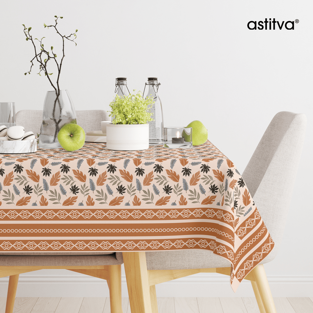 Tropical Leaves- Orange | Premium Quality | Table Cloth | 6 seater Dining Table Cloth